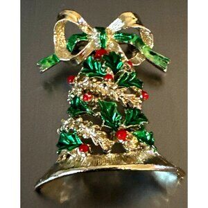 Vintage 70s Gerrys Christmas Bell Brooch Signed Gold Tone Articulating Dangle